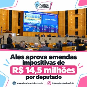 Ales aprova emendas impositivas de R$ 14,5 milhões por deputado